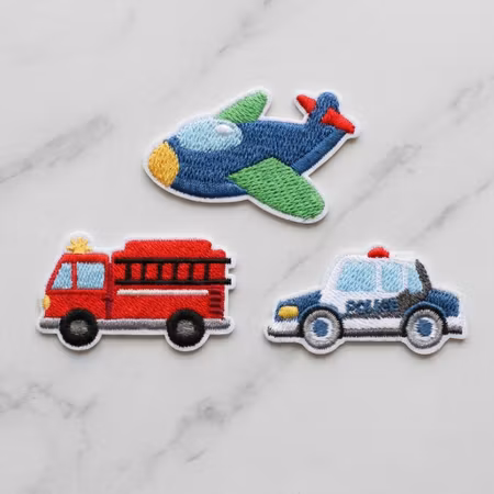 Tygmärken Fordon 3-pack – flygplan, brandbil & polisbil broderade strykmärken