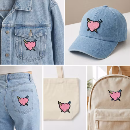 Tygmärke Rosa hjärta, pilar och svärd – broderat strykmärke