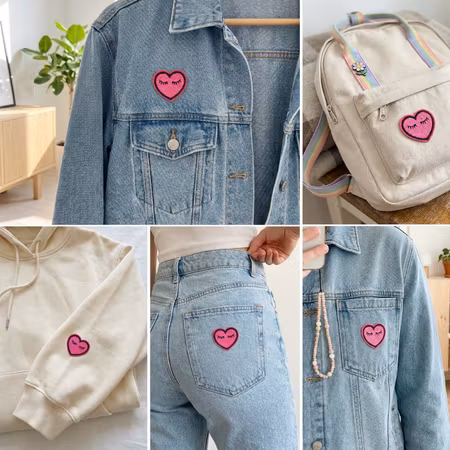 Tygmärke Rosa hjärta med stängda ögon – broderat strykmärke