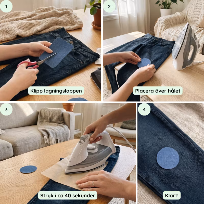 Fyrdelad bild: en jeanslapp klipps till, placeras på jeans, täcks med papper och pressas med strykjärn.