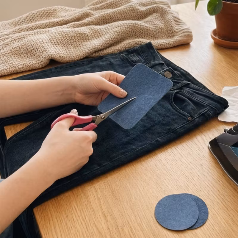 En mörk jeanslapp klipps till ovanför ett denimplagg