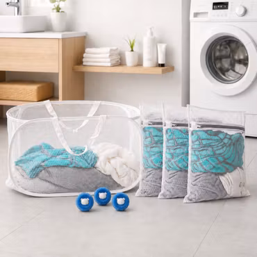 Tvättpaket Mini – Tvättkorg, 3 Tvättpåsar & 3 Tvättbollar