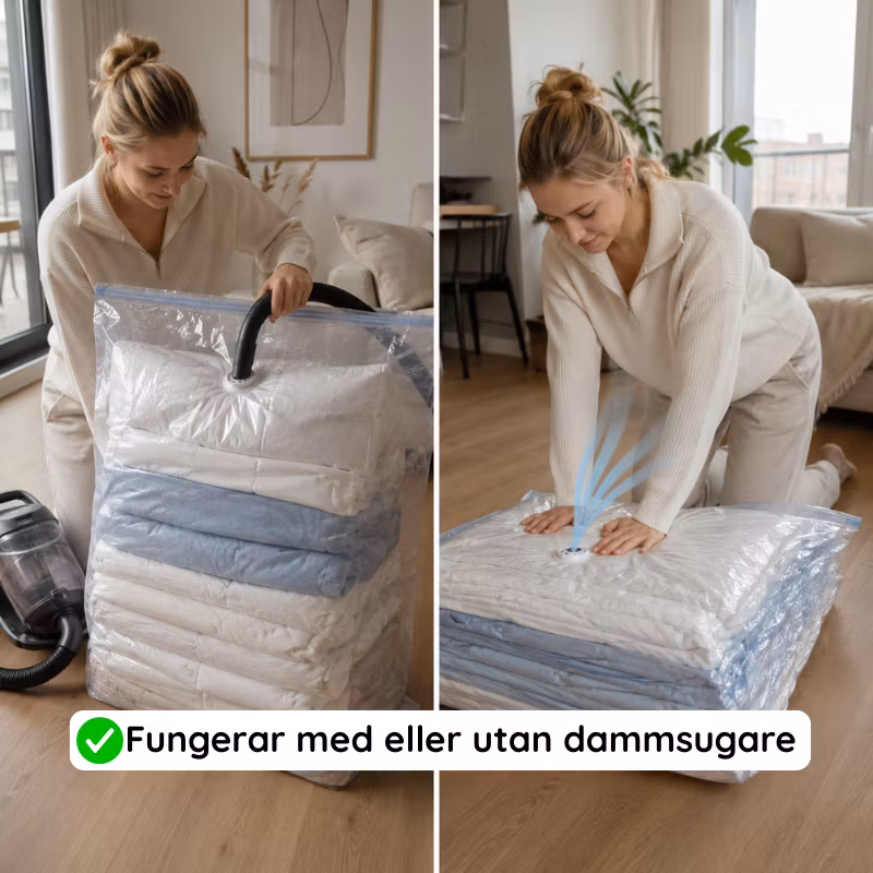 Dammsugarslang mot påsens ventil till vänster och händer som pressar ut luften till höger.
