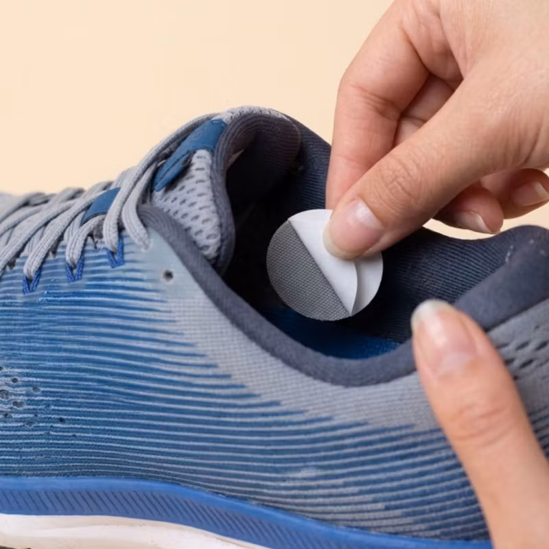 En självhäftande mesh-lapp placeras på insidan av en sneaker