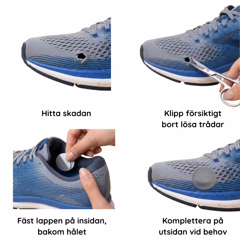 Produktgalleriets bildöversikt med skada, klippning av lösa trådar och självhäftande lapp.