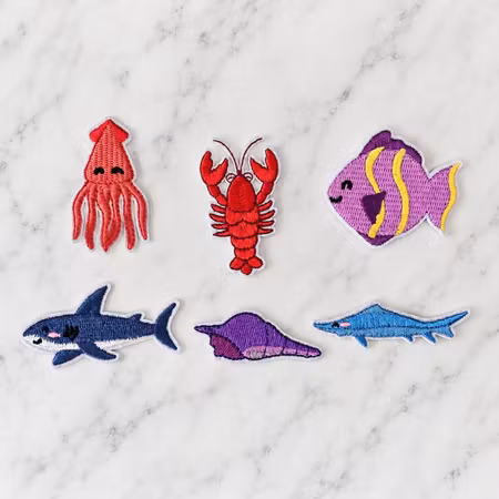 Tygmärken Oceanäventyr – 6-pack med havsdjur broderade strykmärken