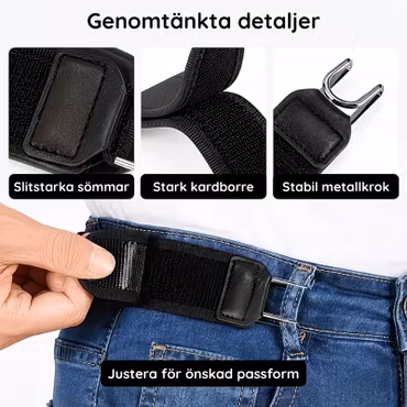 Justerbart bälte utan spänne – elastiska sidoband med metallkrokar