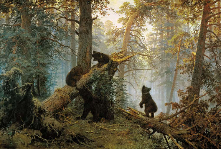 LEKANDE BJÖRN UNGAR I TALLSKOG I SIBIRIEN av IVAN SHISHKIN Konsttryck på duk