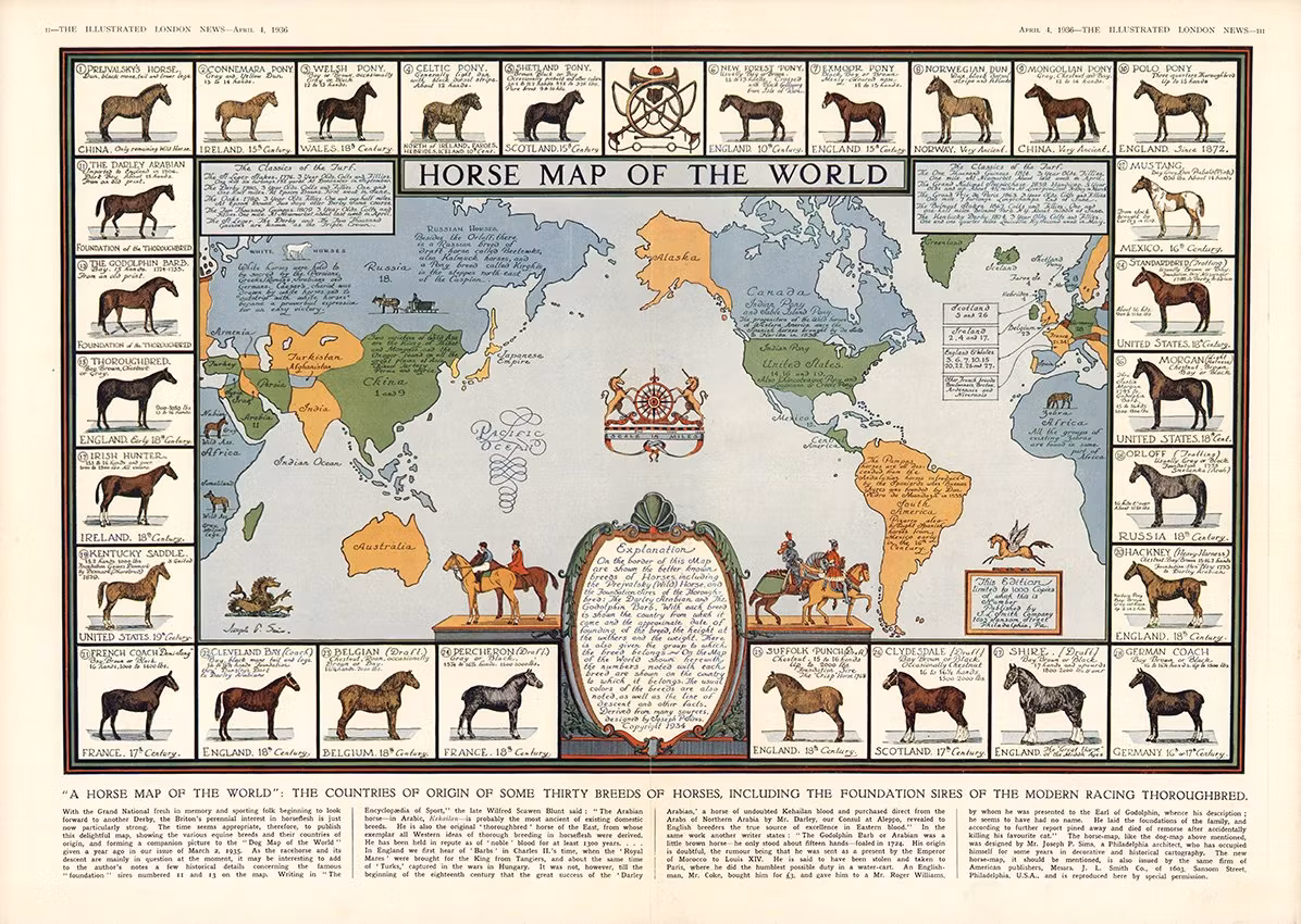 HORSE MAP OF THE WORLD 1936 Hästkarta