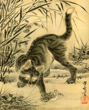 KATT OCH GRODA av KAWANABE GYOSAI Tryckt på linne canvas