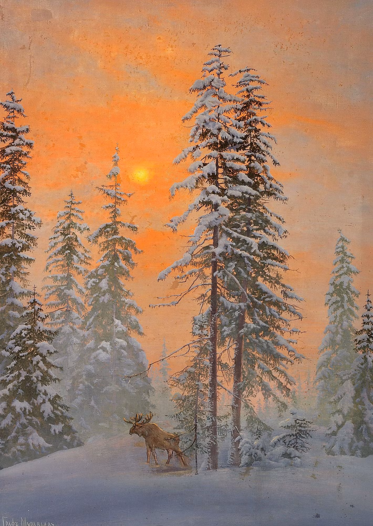 ÄLG I VINTER SOLNEDGÅNG av GREVE VLADIMIR MURAVIOV Konsttryckt på duk