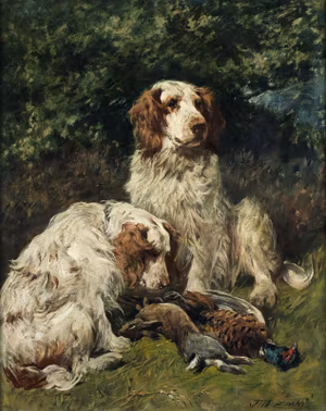 CLUMBER SPANIEL HUNDAR MED BYTE av JOHN EMMS Konsttryck på duk