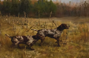 TVÅ VORSTEH HUNDAR PÅ JAKT av PERCIVAL ROUSSEAU Konsttryck på duk