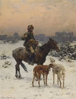 KOSACK TILL HÄST MED RYSKA VINTHUNDAR ( BORZOI ) av ALFRED VON WIERUSZ-KOWALSKI