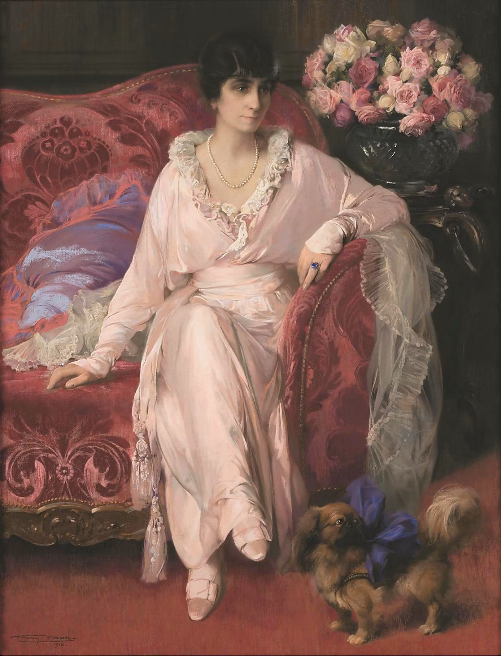 PEKINGES HUND OCH ELEGANT KVINNA av FIRMIN BAES Konsttryck på duk