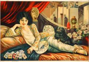 SENSUELL KINESISK ART DÉCO DIVA MED PEKINGES HUNDAR