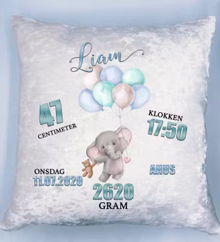 Fødselspute - Elefant med ballong (blå)