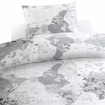 Big World Bäddset Grå Världskarta Enkeltäcke 150x210 Borganäs of Sweden
