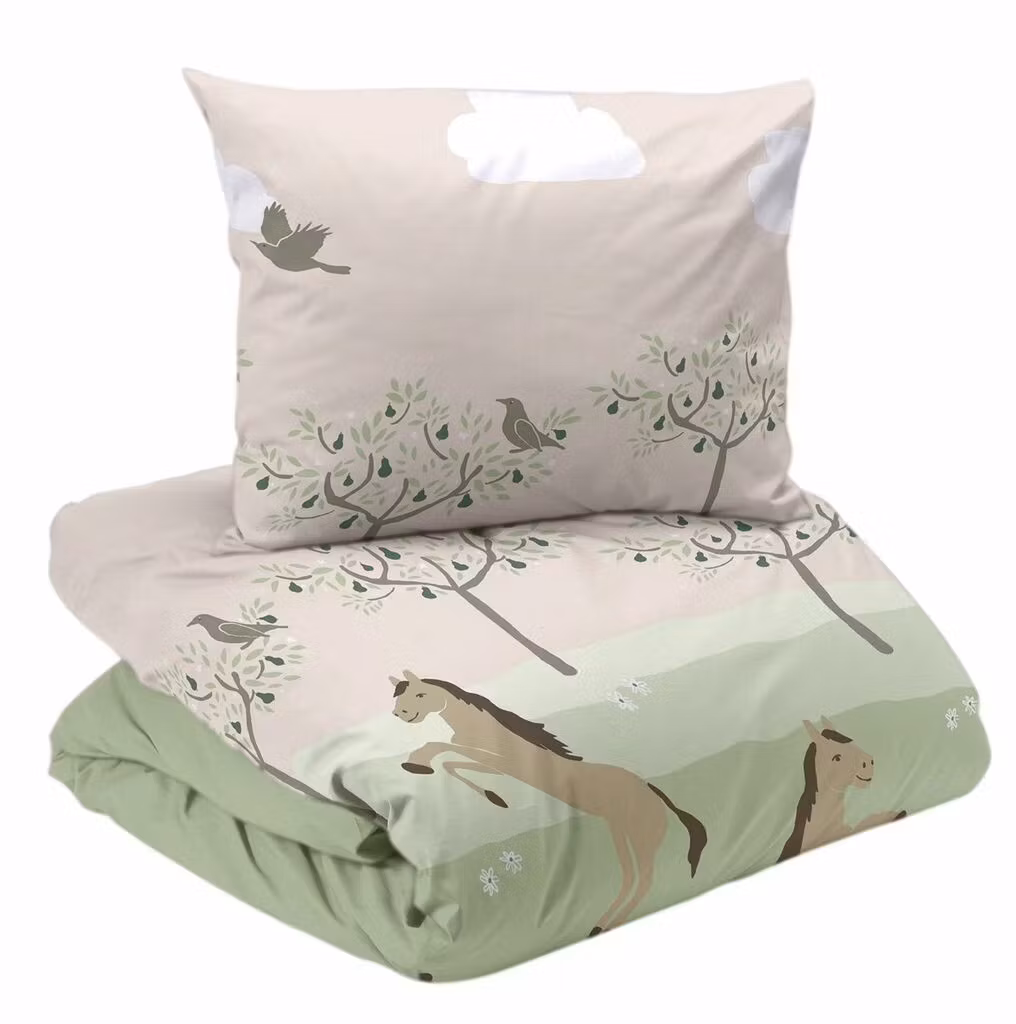 Freja Påslakanset Beige Hästar Barn Enkeltäcke 150x210 Redlunds