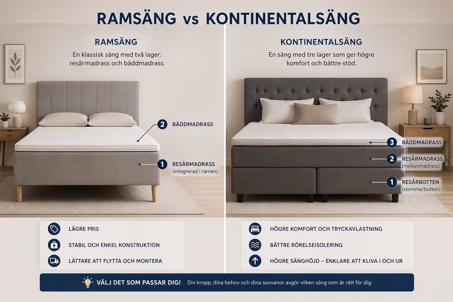 Ramsäng eller kontinentalsäng – vad är skillnaden?