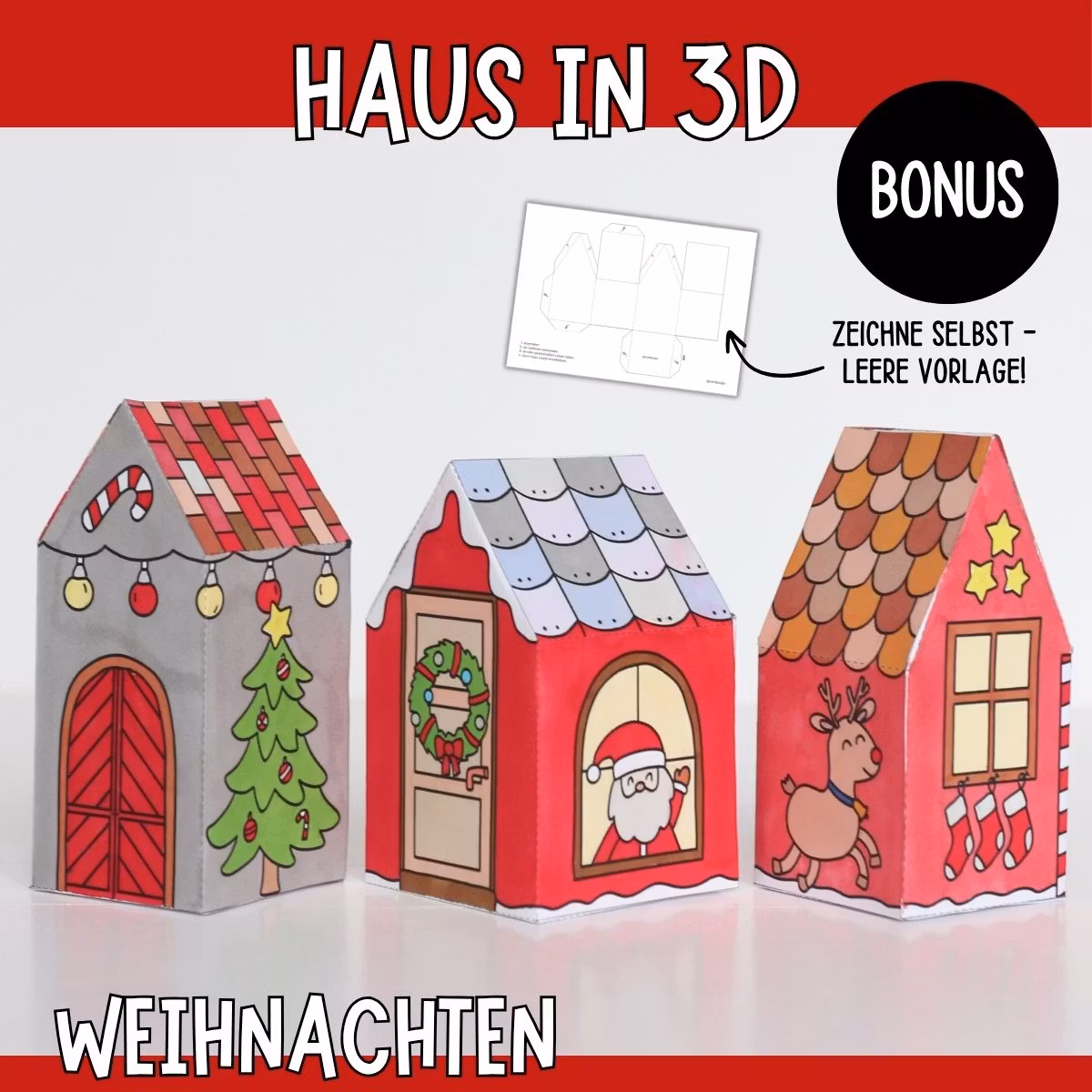 Weihnachten-Häuser in 3D - Bastelvorlagen zum Ausdrucken