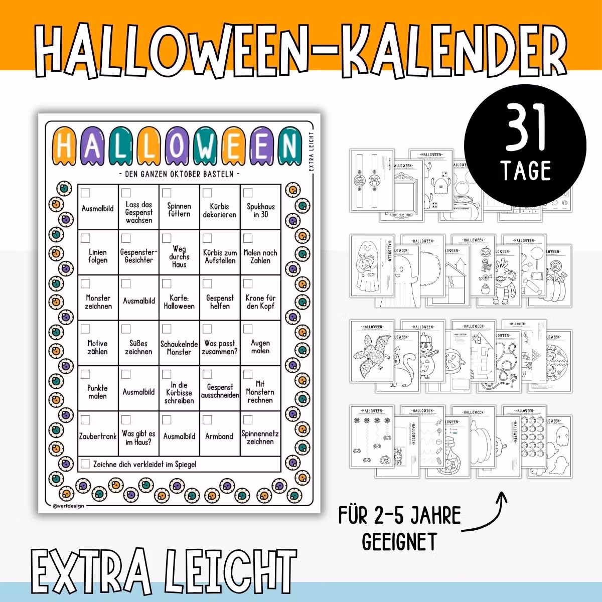 Halloween-Bastelkalender – Extra leicht (31 Bastelvorlagen)