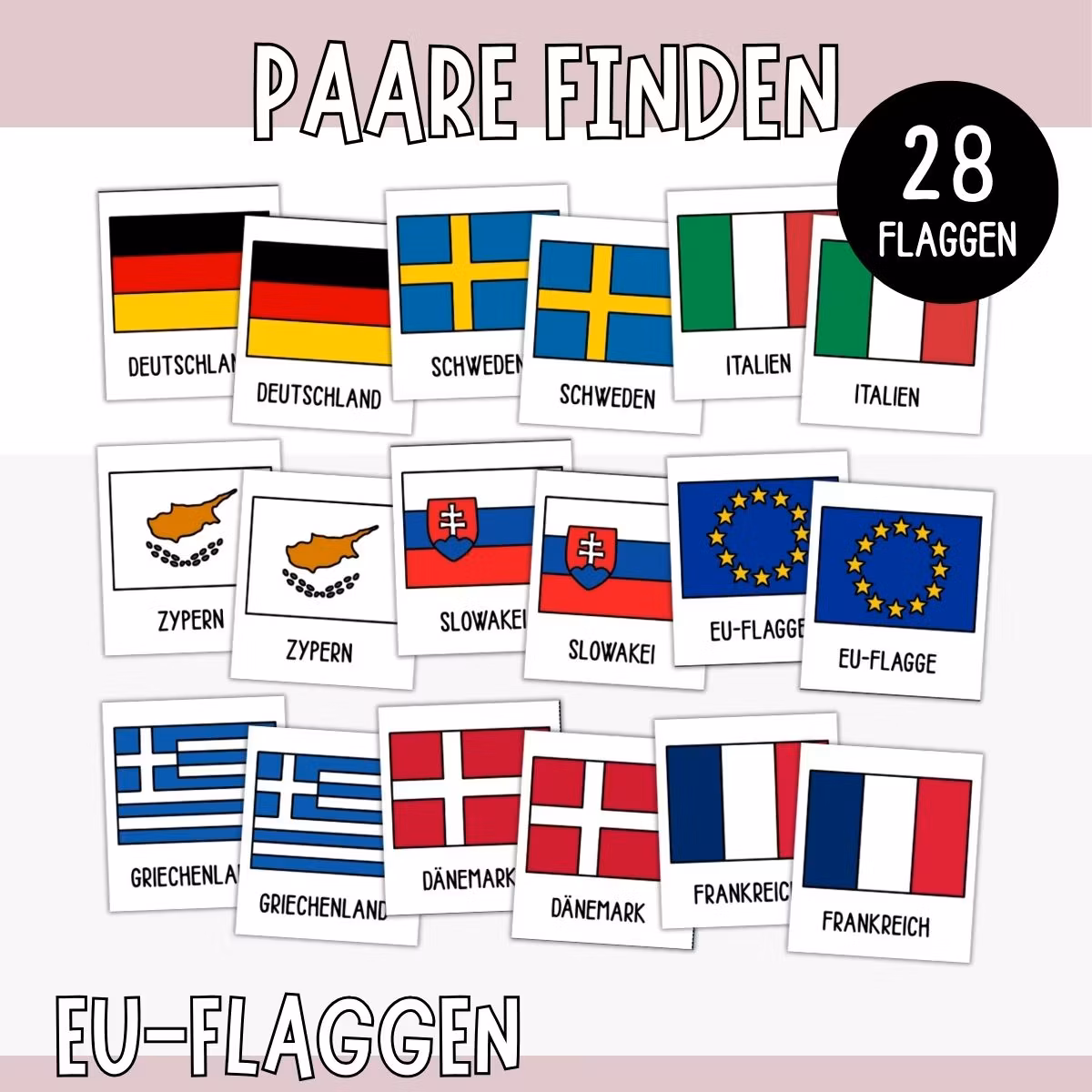 Paare finden mit Flaggen zum Ausdrucken – EU-Länder