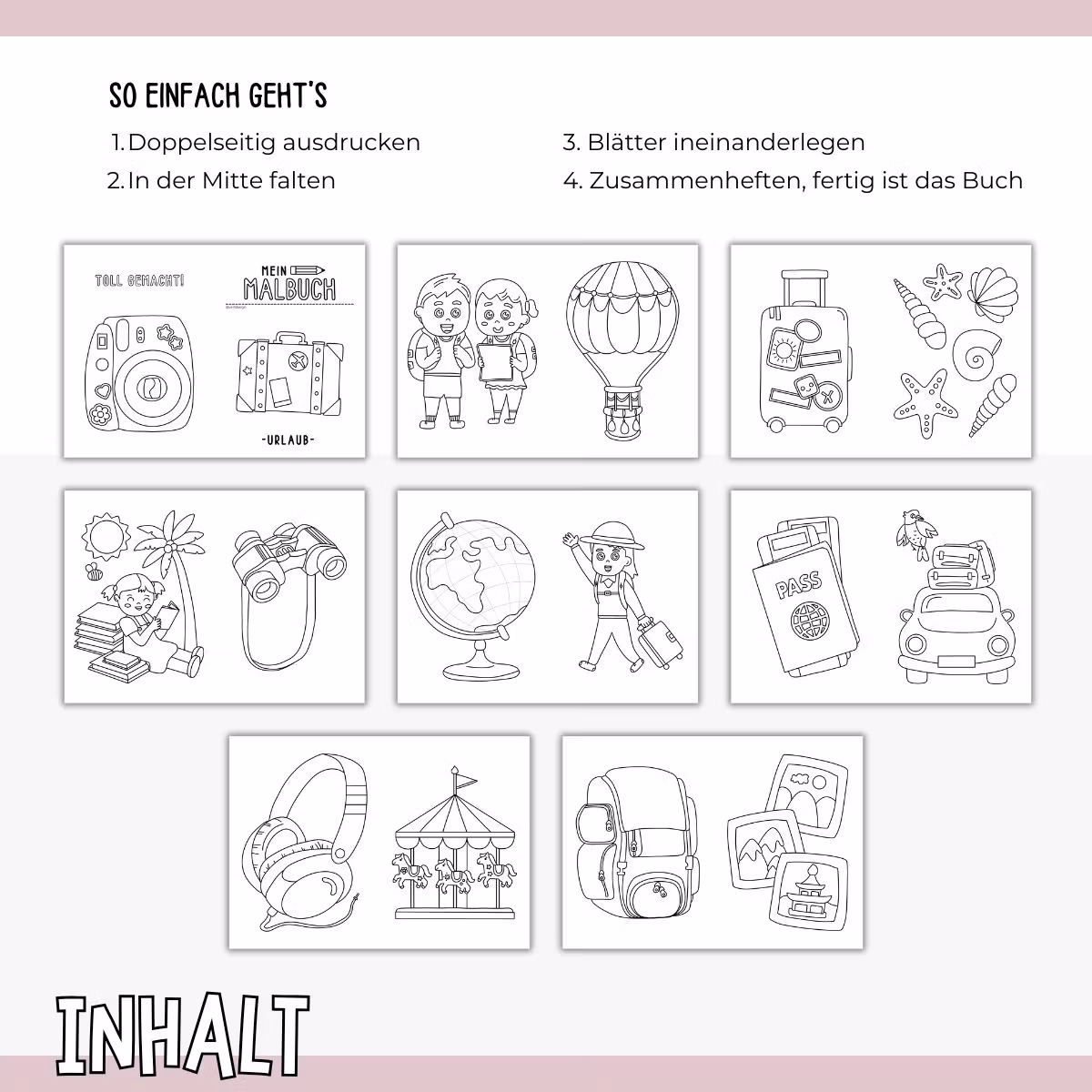 Urlaub-Malbuch - 16 Ausmalbilder zum Ausdrucken