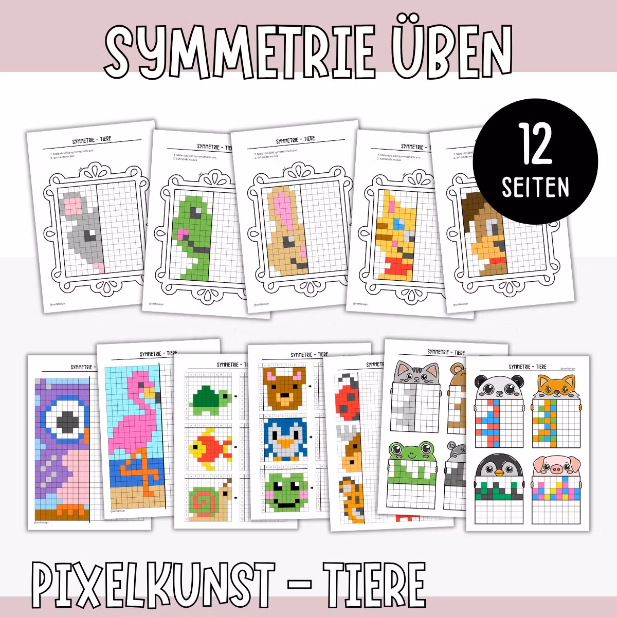 Symmetrie üben - Pixelbilder Tiere