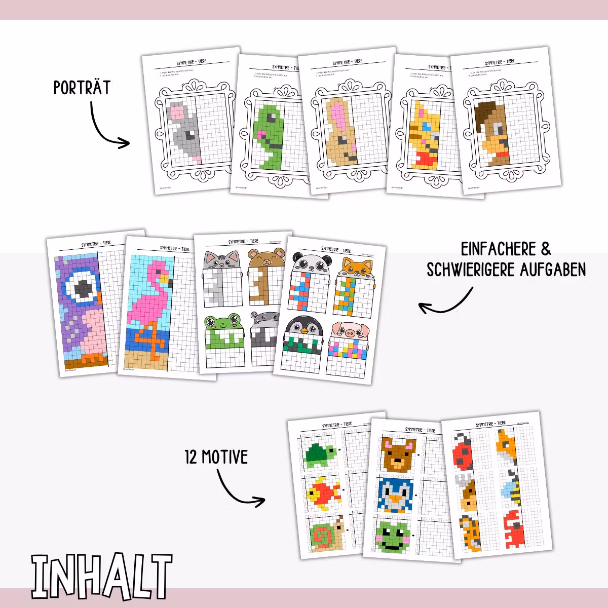 Symmetrie üben - Pixelbilder Tiere