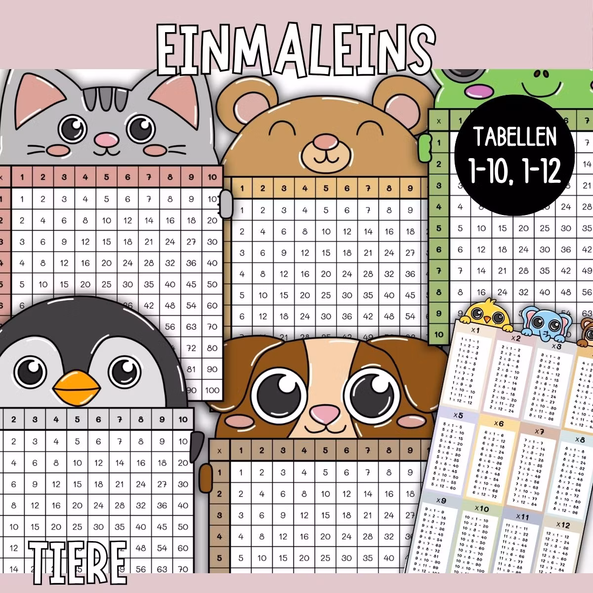 Einmaleins mit Tieren - 1×1 Tabellen (1–10 & 1–12)