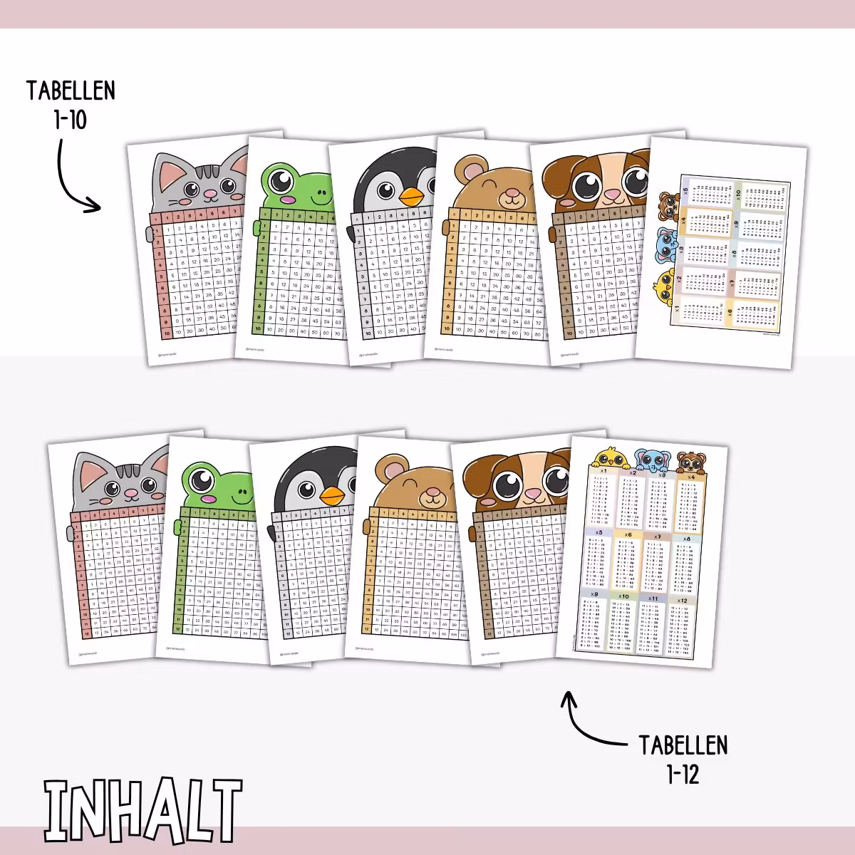 Einmaleins mit Tieren - 1×1 Tabellen (1–10 & 1–12)