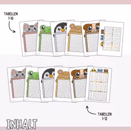 Einmaleins mit Tieren - 1×1 Tabellen (1–10 & 1–12)
