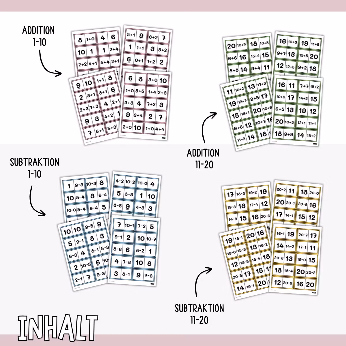 Mathe-Domino - Addition und Subtraktion bis 20 (4 Spiele)