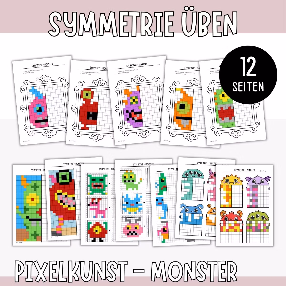 Symmetrie üben - Pixelbilder Monster