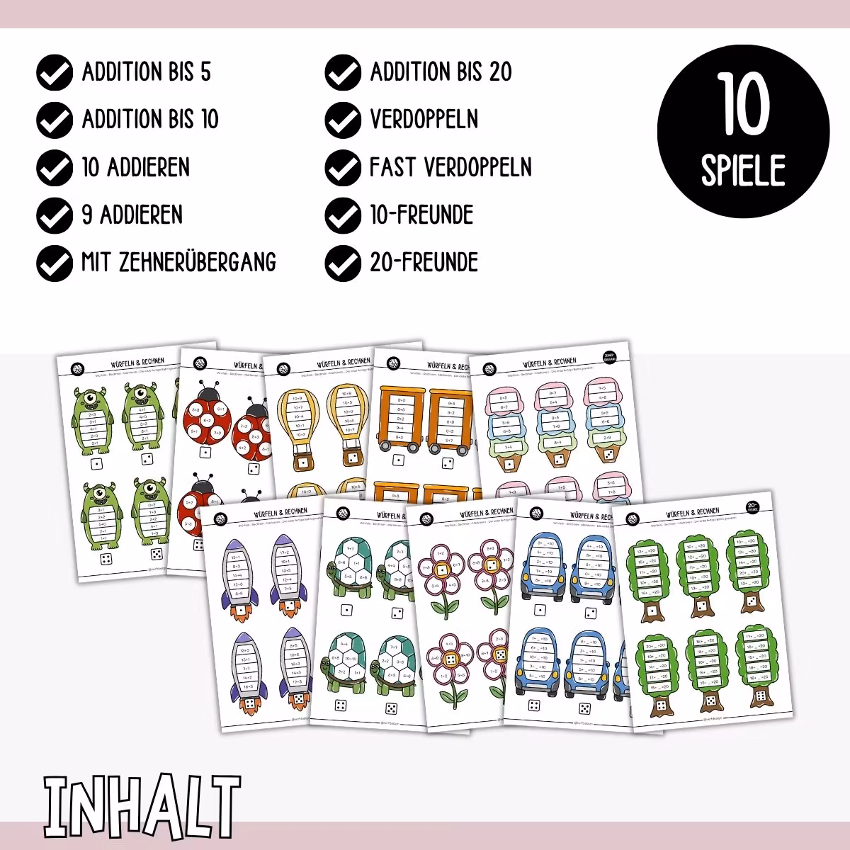 Würfeln & Rechnen (10 Mathespiele) - Addition bis 20