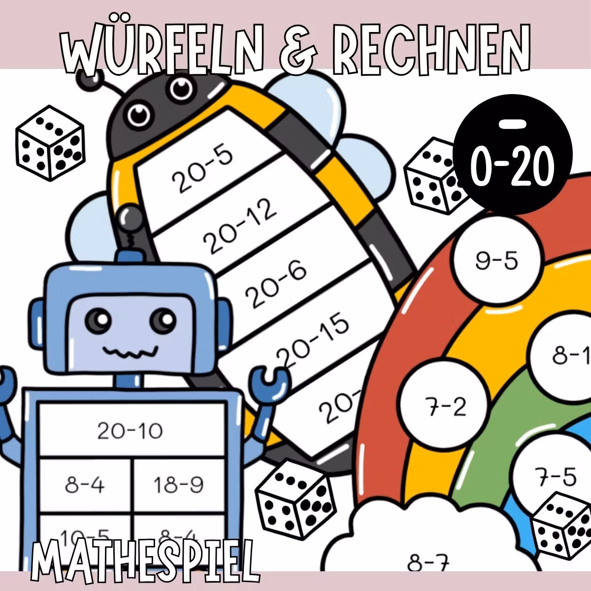 Würfeln & Rechnen (10 Mathespiele) - Subtraktion bis 20