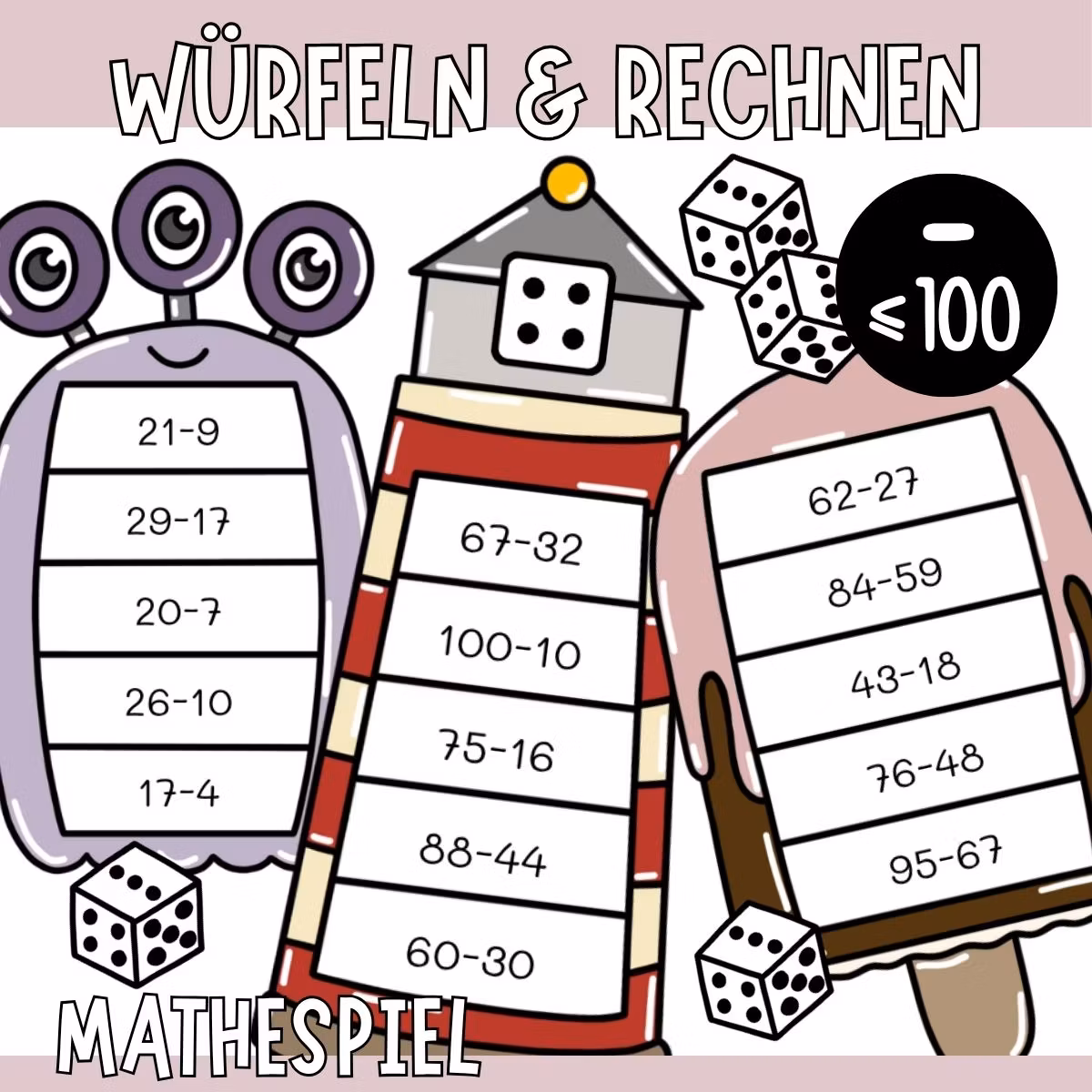 Würfeln & Rechnen (10 Mathespiele) - Subtraktion bis 100