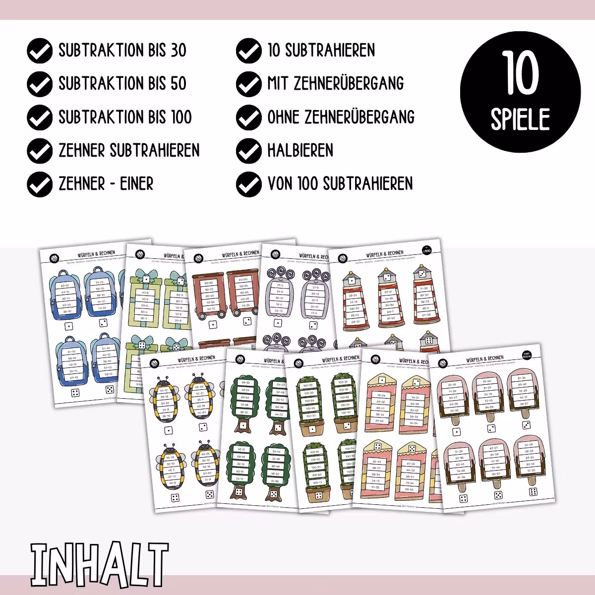 Würfeln & Rechnen (10 Mathespiele) - Subtraktion bis 100
