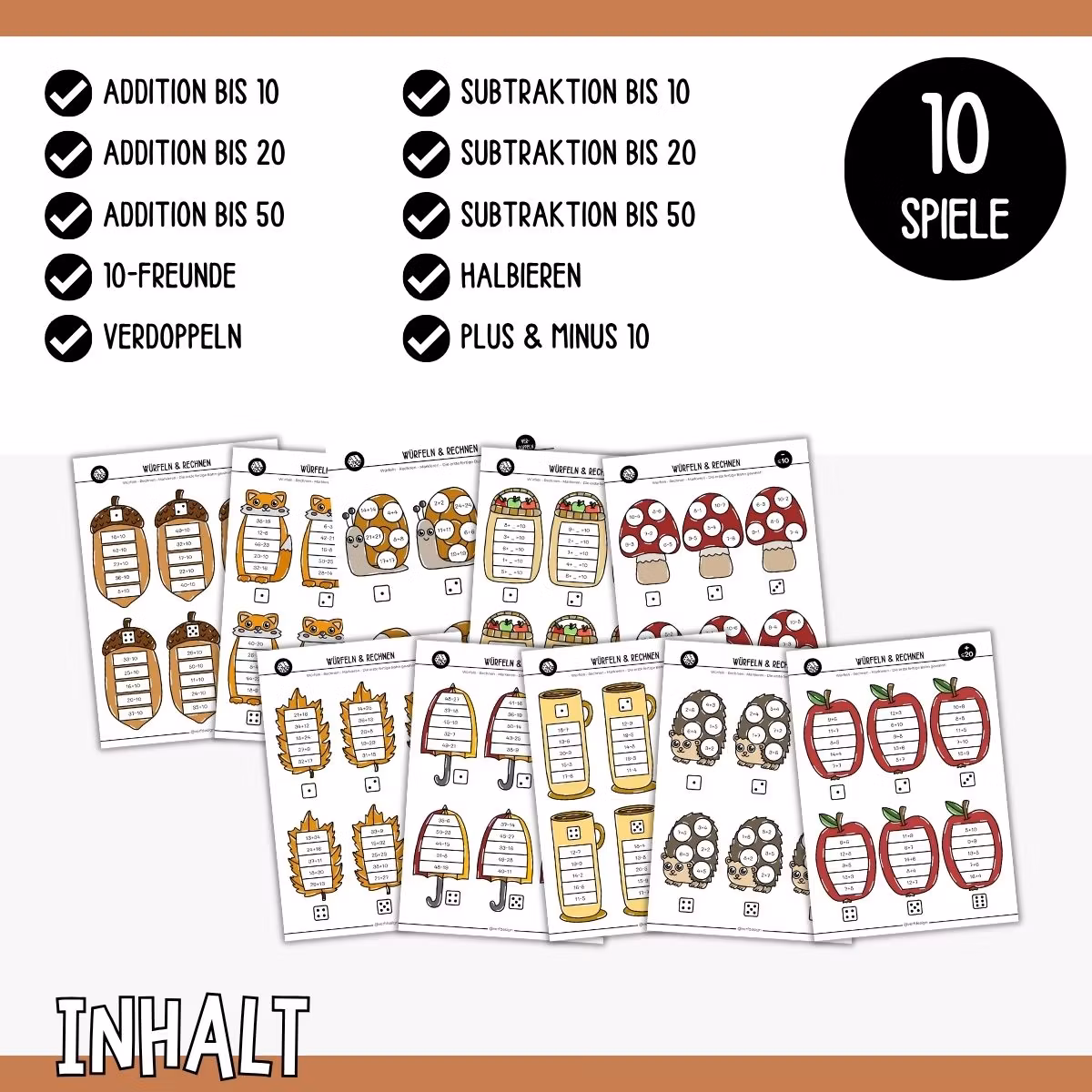 10 Mathespiele (Würfeln & Rechnen) - Herbst