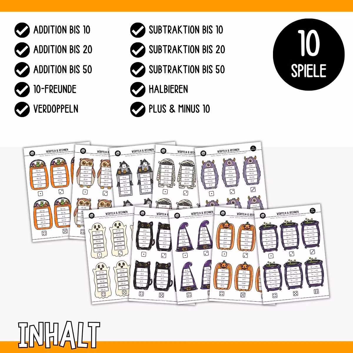 10 Mathespiele (Würfeln & Rechnen) - Halloween