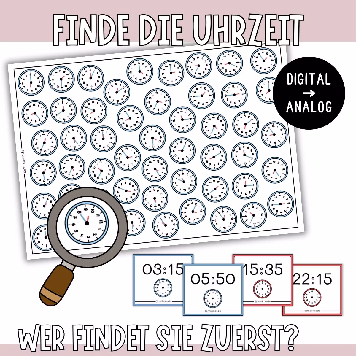 Finde die Uhrzeit - Mathespiel mit digitalen und analogen Uhrzeiten