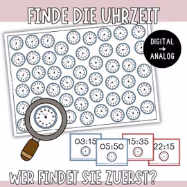 Finde die Uhrzeit - Mathespiel mit digitalen und analogen Uhrzeiten