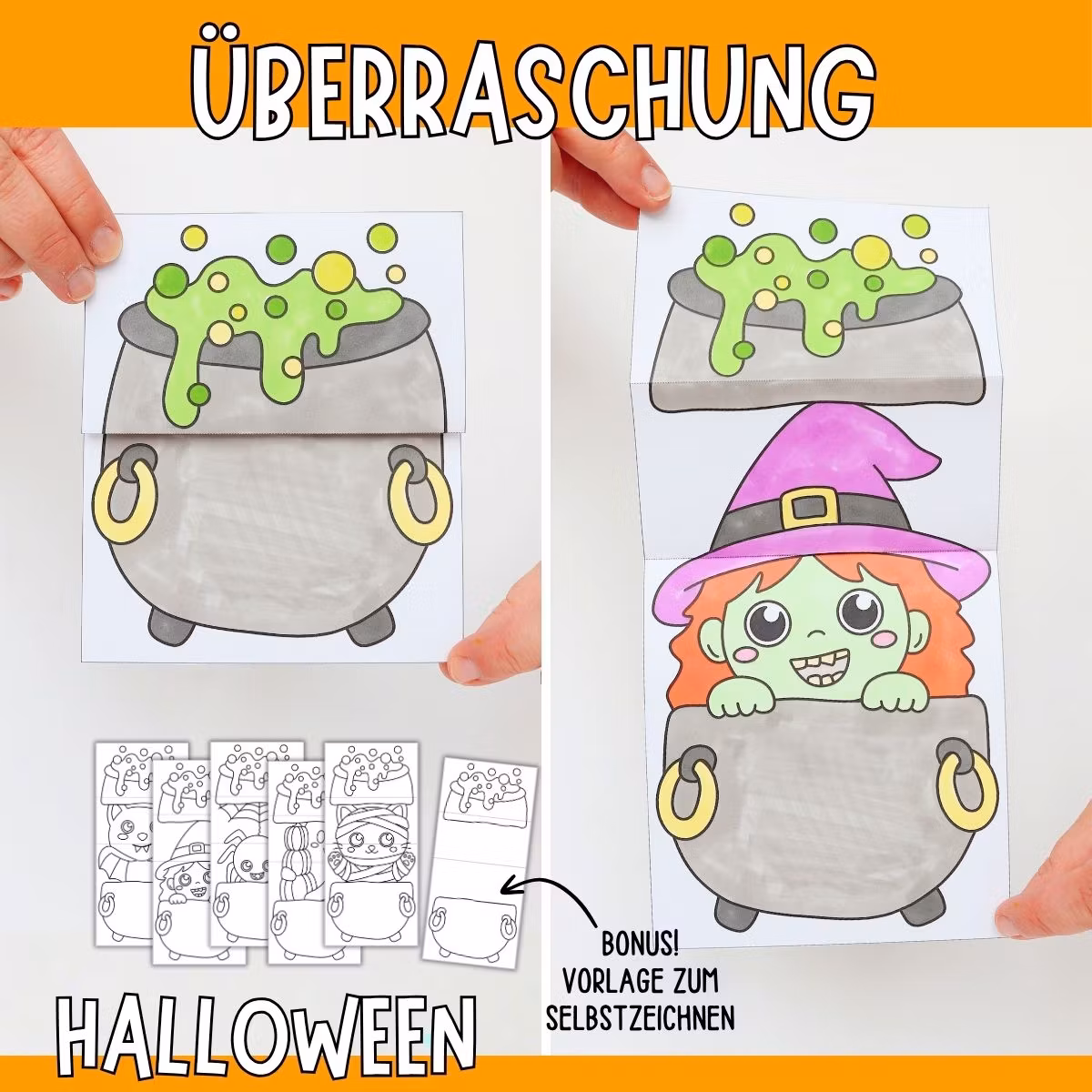 Halloweenbasteln für Kinder - Kessel zum Aufklappen
