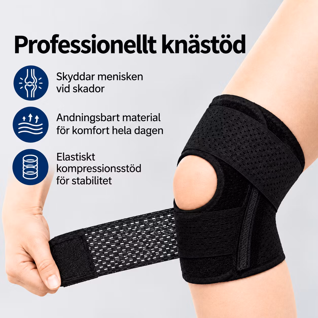 Knästöd med justerbara remmar – stabilt stöd för aktivitet och vardag
