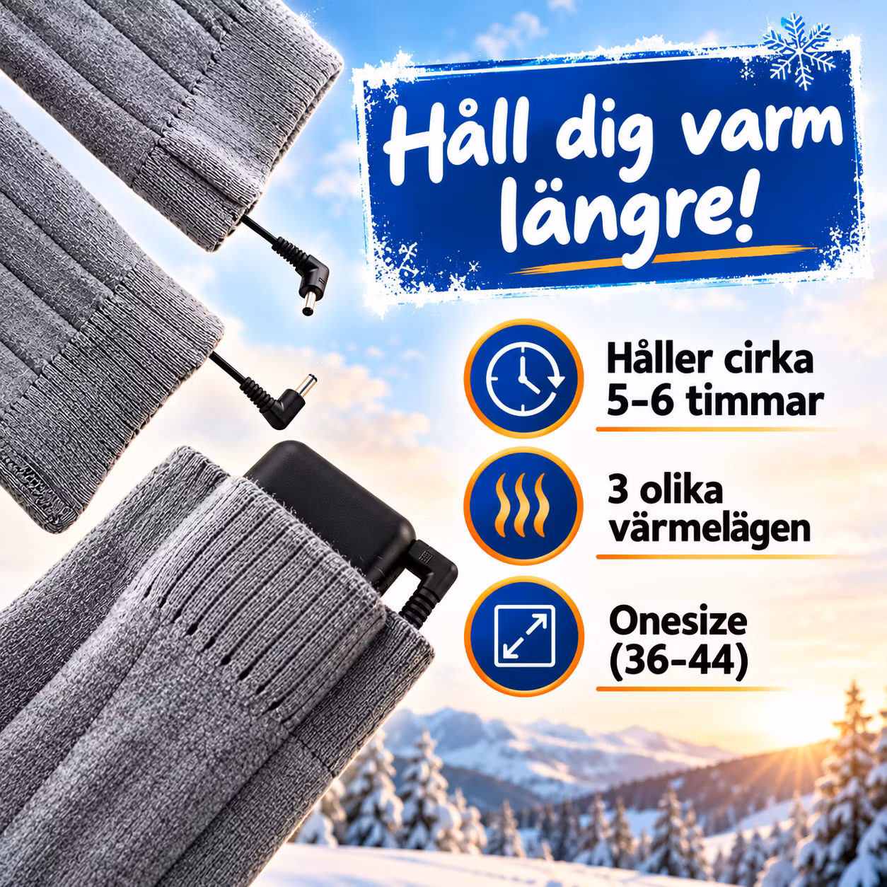 Värmestrumpor med kraftfulla batterier – uppladdningsbara med 3 värmelägen