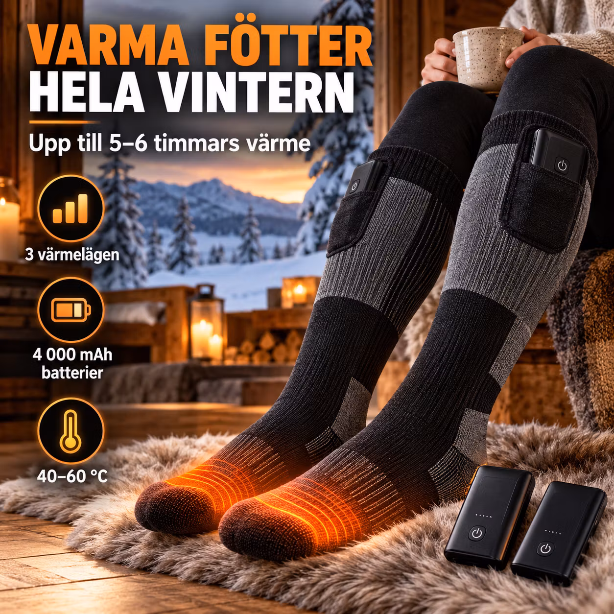 Värmestrumpor med kraftfulla batterier – uppladdningsbara med 3 värmelägen