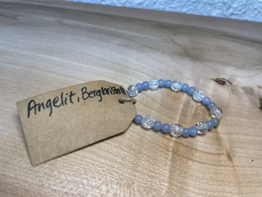 Afirmationsarmband "Jag har änglabeskydd" med Angelit och Bergkristall stl: XXXS