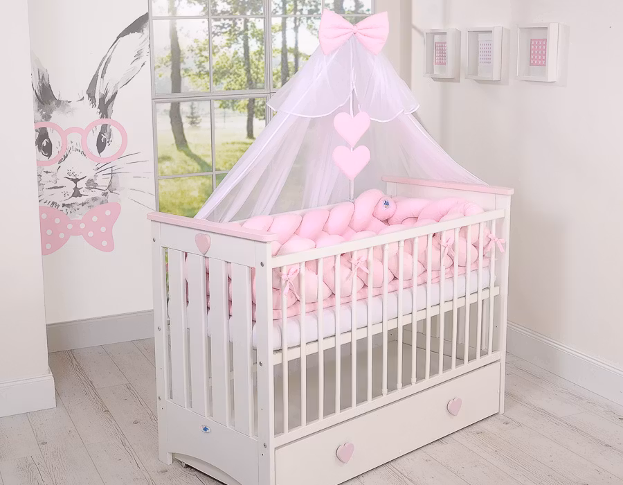Träspjälsäng 120x60cm Lorenzo III Rosa, med bitringskydd
