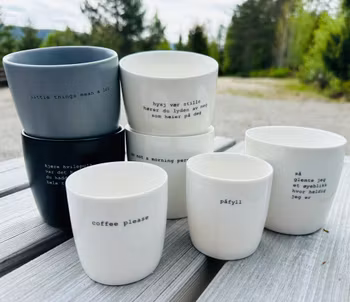 SÖGNE KOPPER  med tekst - små og store, ulike farger